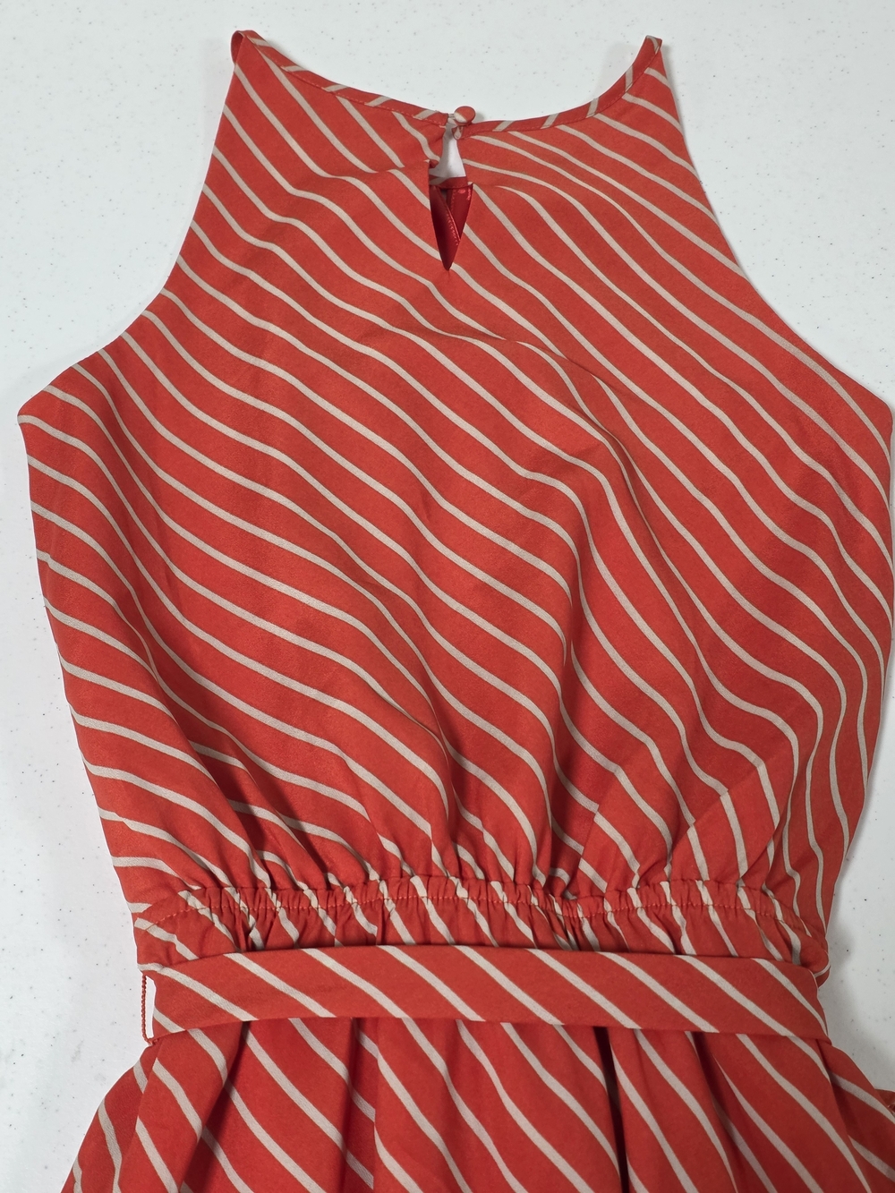 Express Coral Stripe Halter Fit & Flare Dress Tie Waist Keyhole Neckline | Sz S - Picture 3 of 12